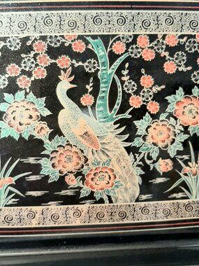 Large Peacock Motif Lacquer Serving Tray.
